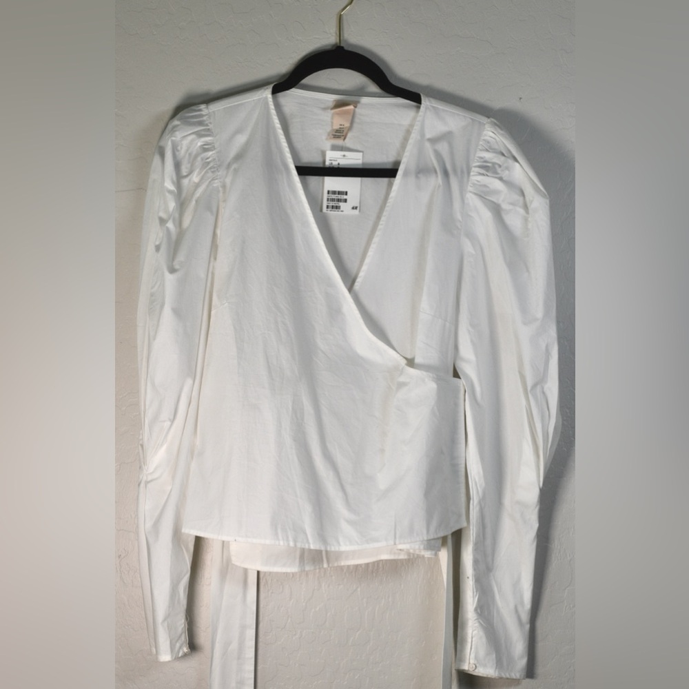 H&M White wrap blouse with puff sleeves